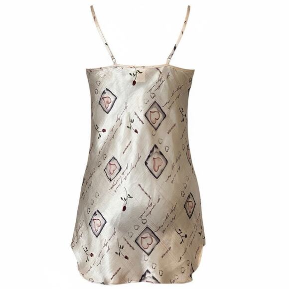 Vintage Lillianna Satin Heart & Rose Print Mini Slip Dress Ivory Pink Size Small - Picture 3 of 7